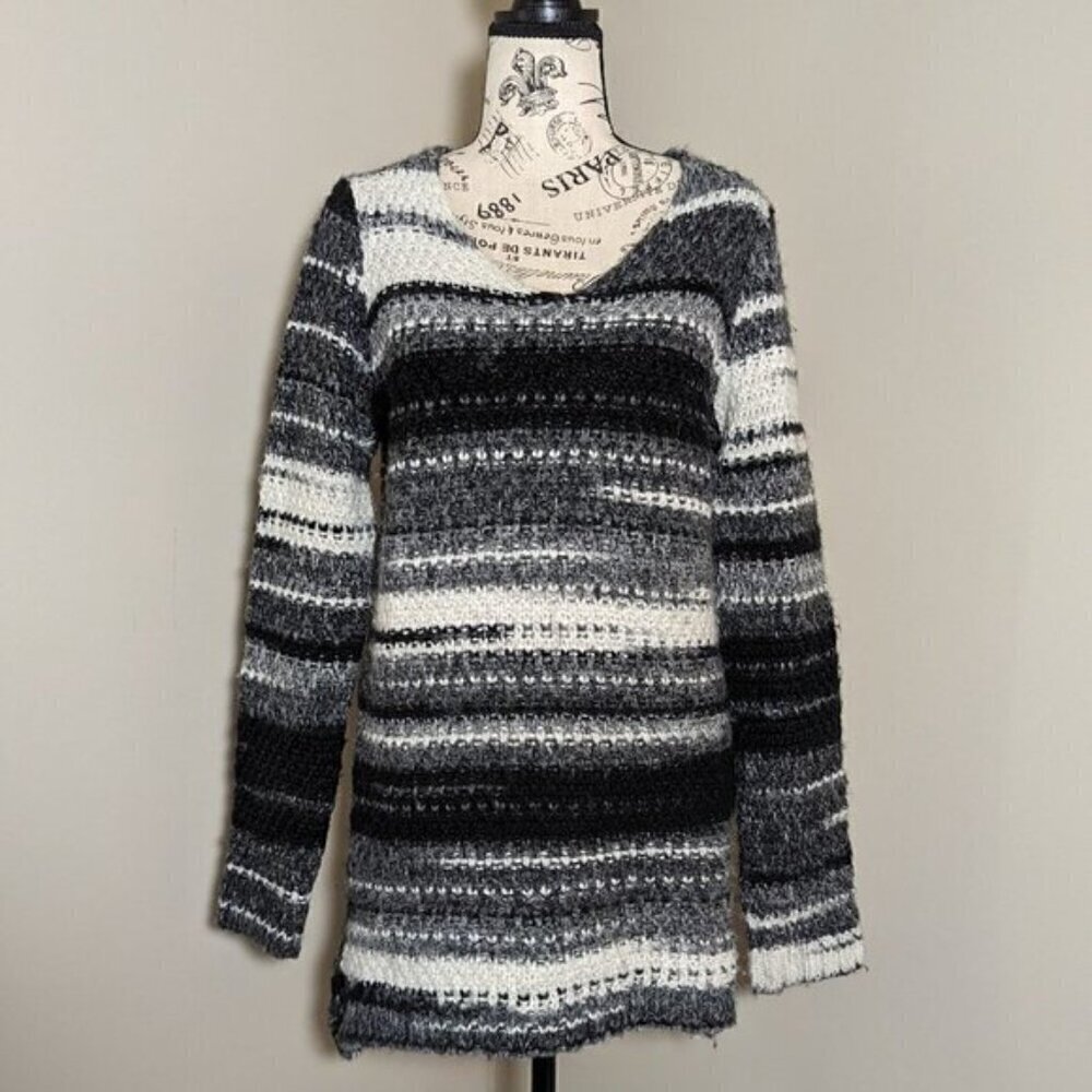 Elsamanda Black Gray White Women's Striped Wool Blend Sweater M - Picture 3 of 7